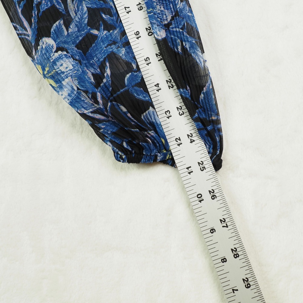 Blue Floral Crop Top L Tie Front Balloon Sleeve Cottagecore Boho Japna Romantic - Picture 5 of 9
